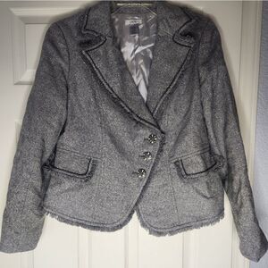 Cache L SilverMetalic Tweed ChainDetals 2Buttons Asymmetric Front Women’s Blazer